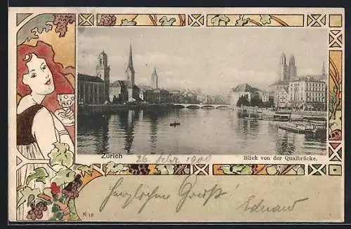 AK Zürich, Blick von der Quaibrücke, Jugendstil-Passepartout