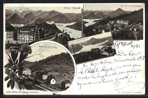 Lithographie Rigi, Rigi-Klösterli, Gesamtansicht mit Vierwaldstättersee, Rigi-Kaltbad, Känzeli um 1900