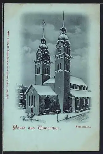 Mondschein-AK Winterthur, Die Stadtkirche im Winter