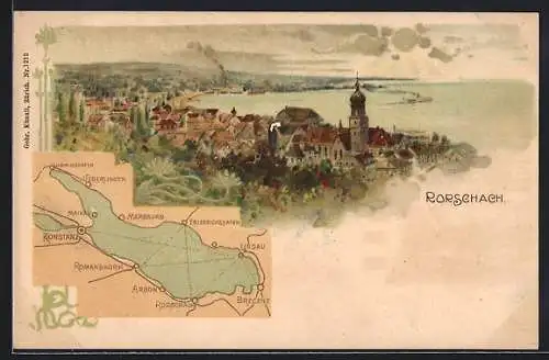 Lithographie Rorschach, Karte mit Ortschaften am Bodensee und Ortsausblick