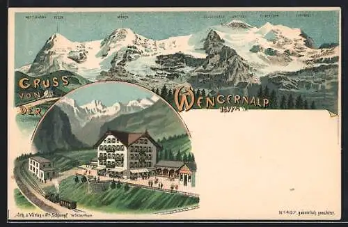 Lithographie Wengernalp, Gebirgspanorama mit Mönch, Jungfrau, Eiger, Dampflok