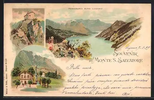 Lithographie Lugano, Blick vom Monte Salvatore, Station der Bergbahn