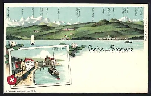 Lithographie Rorschach, Uferpartie mit Dampfer und Eisenbahn, Bodensee mit Alpengipfeln