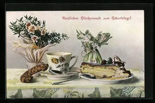 AK Glückwunsch zum Geburtstage, Kuchen und Gebäck auf dem Kaffeetisch