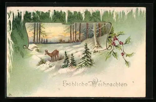 AK Fröhliche Weihnachten, Hirsch im verschneiten Wald, Eiszapfen-Passepartout