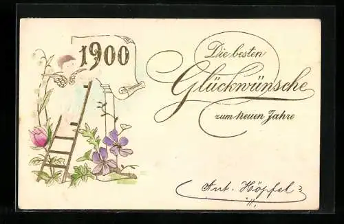 Präge-AK Kleiner Neujahrsengel hängt die Jahreszahl 1900 auf