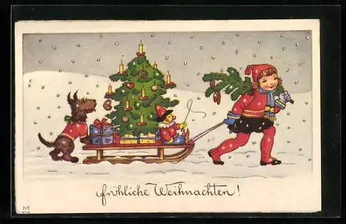 AK Mädchen und Hund ziehen Schlitten mit Weihnachtsbaum durch den Schnee