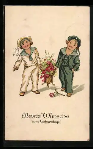 AK Zwei kleine Matrosen tragen einen Blumenkorb, Geburtstagswunsch