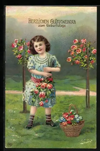 AK Mädchen pflückt Rosen für einen Geburtstags-Blumenstrauss