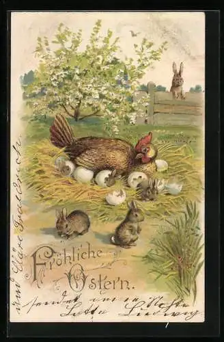 AK Fröhliche Ostern, Huhn mit schlüpfenden Osterhasen