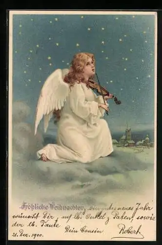 AK Weihnachtsengel sitzt auf der Wolke und musiziert auf der Geige