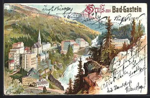 Künstler-AK E. Döcker: Bad Gastein, Panorama mit Wasserfall