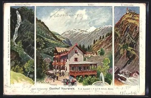 Künstler-AK F.A.C.M. Reisch: Schnals, Gasthof Neurateis mit Bergblick, Wasserfall und St. Katharinaberg