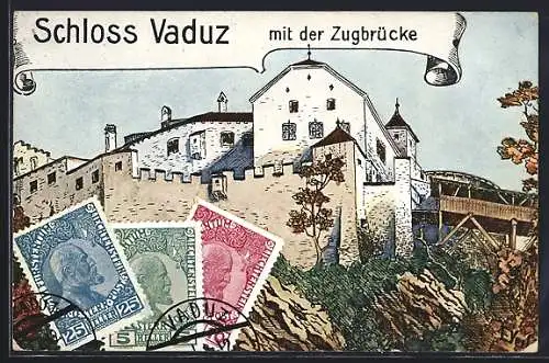 Künstler-AK Vaduz, Schlossansicht mit Zugbrücke