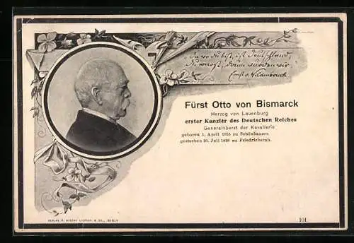 AK Seitenansicht von Bismarck, erster Kanzler des Deutschen Reiches