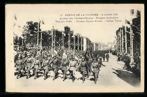 AK Défilé de la Victoire, Avenue des Champs-Élysées, Italienische Truppen