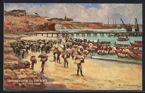 Künstler-AK Accra, loading Cocoa into surf boats, Gold Coast