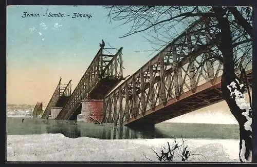 AK Zemun / Semlin, Zerstörte Brücke im Winter