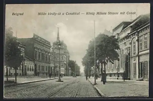 AK Belgrad, König Milans-Strasse mit Konak