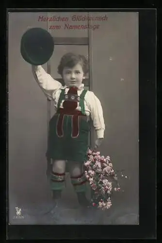 Foto-AK RPH Nr. 2315 /5: Kleiner Junge in Lederhosen gratuliert zum Namenstag