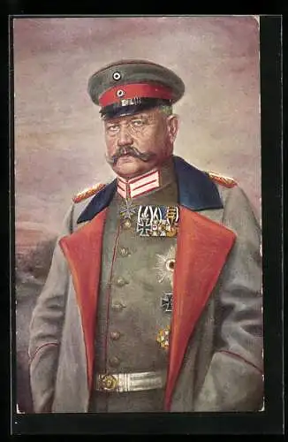 AK Generalfeldmarschall Paul von Hindenburg in Uniform mit Mantel und Mütze