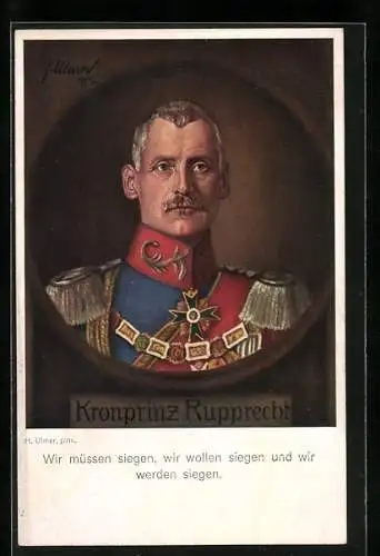 AK Kronprinz Rupprecht von Bayern mit Epauletten & Pour le Mérite, Brustbild