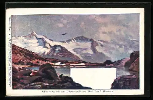 Künstler-Lithographie Anton Hlavacek: Schwarzer-See mirt Zillerthaler-Ferner, Landschaftsbild