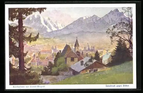 Künstler-AK Edo v. Handel-Mazzetti: Innsbruck, Blick von der Weiherburg gegen Süden mit Dock-Spitze und Serles