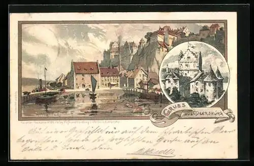 Künstler-AK K. Mutter: AK Meersburg, Blick auf die Burg, Ansicht eines Teiles des Ortes