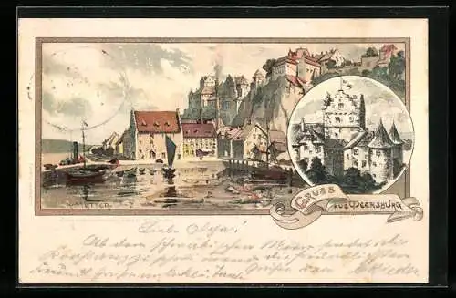 Künstler-AK K. Mutter: AK Meersburg, Blick auf die Burg, Ansicht eines Teiles des Ortes