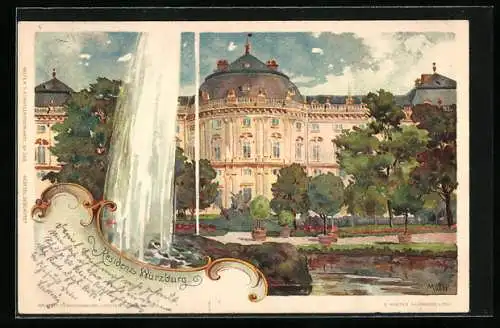 Künstler-Lithographie Karl Mutter: Würzburg, Blick zum Residenzschloss