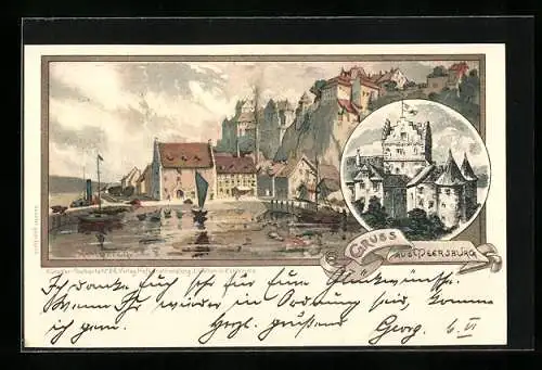 Künstler-AK K. Mutter: Meersburg, Blick auf den Ort und die Burg