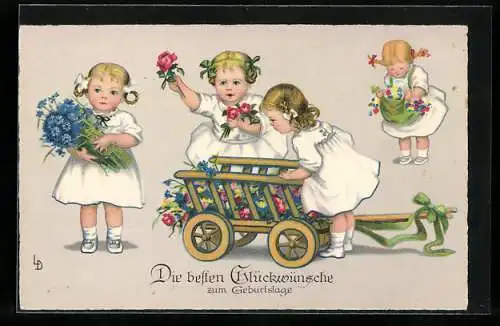 Künstler-AK Lia Döring: Vier Mädchen mit einem Blumenwagen, Glückwunsch zum Geburtstag