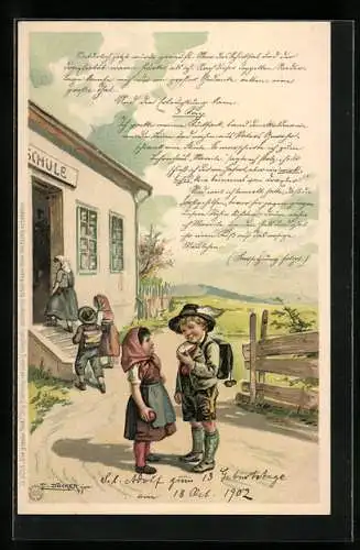 Künstler-Lithographie E. Döcker: Die grosse That, Schule