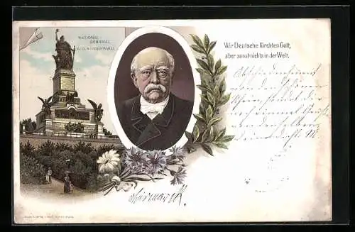 Lithographie Fürst Bismarck mit Zitat, Nationaldenkmal auf dem Niederwald