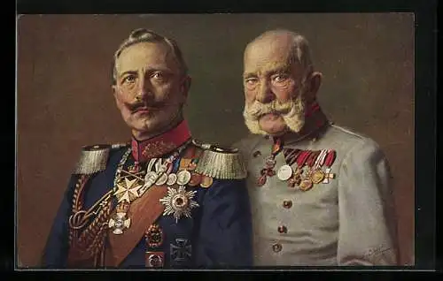 AK Kaiser Wilhelm II. u. Kaiser Franz Josef I. von Österreich in Uniform, Zweibund