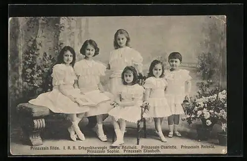 AK Prinzessinnen Hilda, Adelheid, Sophie, Elisabeth von Luxemburg, Gruppenbild der Kinder in weiss