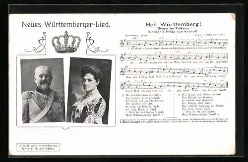 AK König Wilhelm II. und Königin Charlotte von Württemberg, Hymne Heil Württemberg!