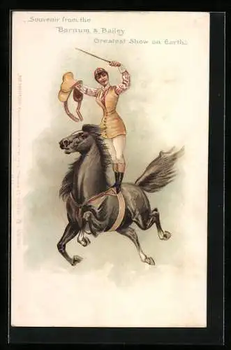 Lithographie Reiterin balanciert auf dem galoppierenden Pferd, Zirkus Barnum & Bailey