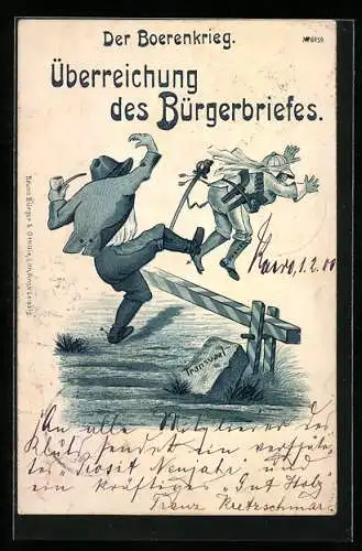 Lithographie Der Boerenkrieg, Überreichung des Bürgerbriefes: Tritt an der Grenze, Karikatur