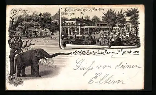 Lithographie Hamburg, Restaurant Zoologischer Garten H. Günther, Elefant