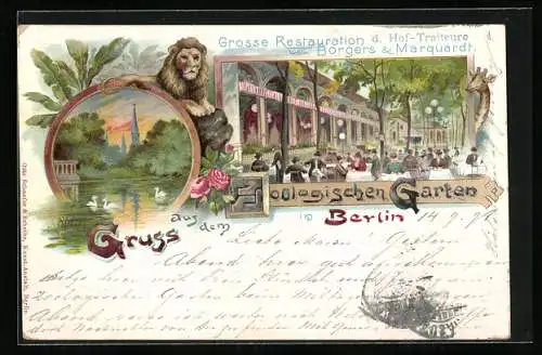 Lithographie Berlin, Zoologischer Garten, Löwe, Grosse Restauration der Hof-Traiteure Borgers & Marquardt