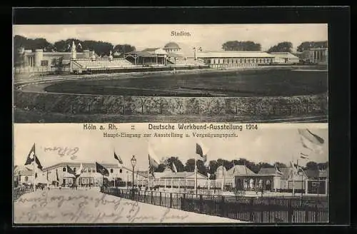 AK Köln a. Rh., Deutsche Werkbund-Ausstellung 1914, Stadion, Haupt-Eingang zur Ausstellung und Vergnügungspark