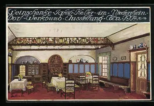 Künstler-AK Köln, Niederrhein. Dorf-Werkbund-Ausstellung 1914, Gasthaus Weinschenke Jakob-Keller, Jugendstil