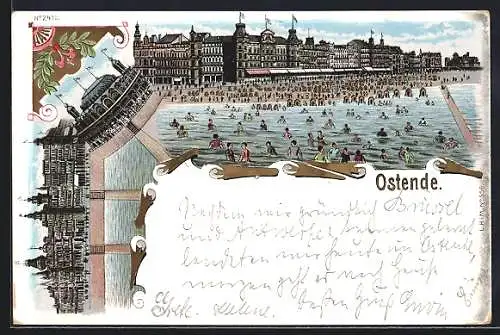 Lithographie Ostende, Strandansicht mit Hotels