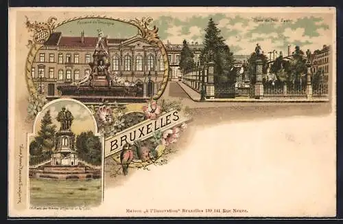 Lithographie Bruxelles, Fontaine de Brouckère, Place du Petit Sablon, Statues des Comtes d`Egment et de Horn