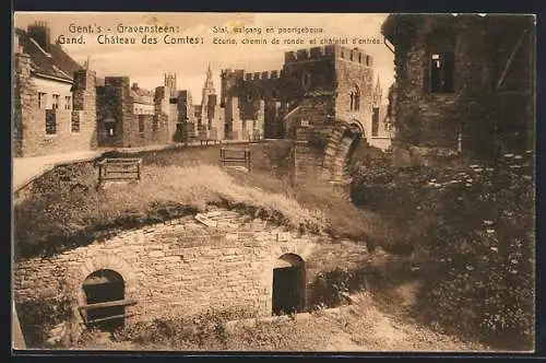 AK Gand, Château des Comtes, Ecurie, Chemin de ronde et châtelet d`entrée