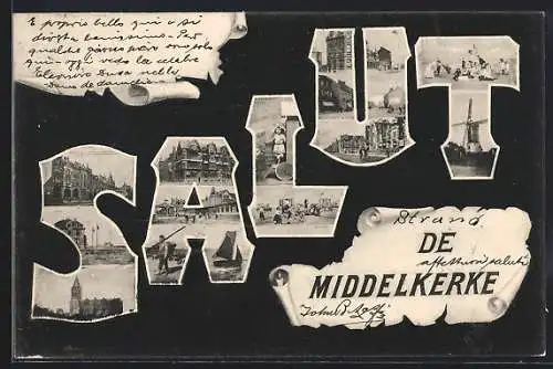 AK Middelkerke, Schriftzug Salut mit Kirche, Windmühle und Mädchen