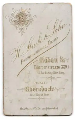 Fotografie H. Strube & Sohn, Löbau, Blumenstrasse 339, Sitzende Dame neben stehendem Jungen.