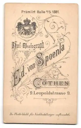 Fotografie Ed. von Spoenla, Cöthen, Leopoldstrasse 9, Porträt eines Herren mit Schnurrbart